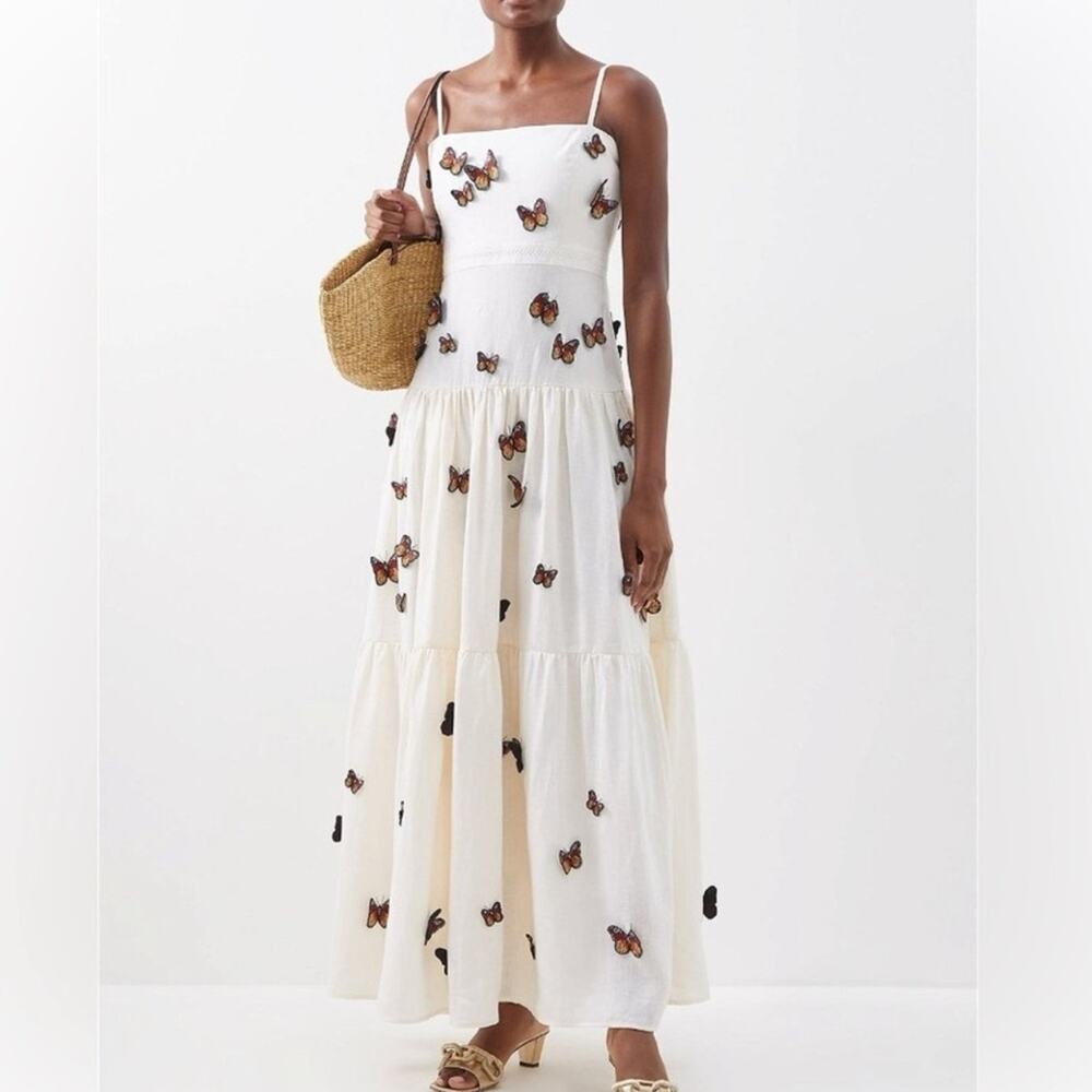 Agua By Agua Bendita Lima Embroidered Butterfly Linen Maxi Dress Size Small - Picture 6 of 16